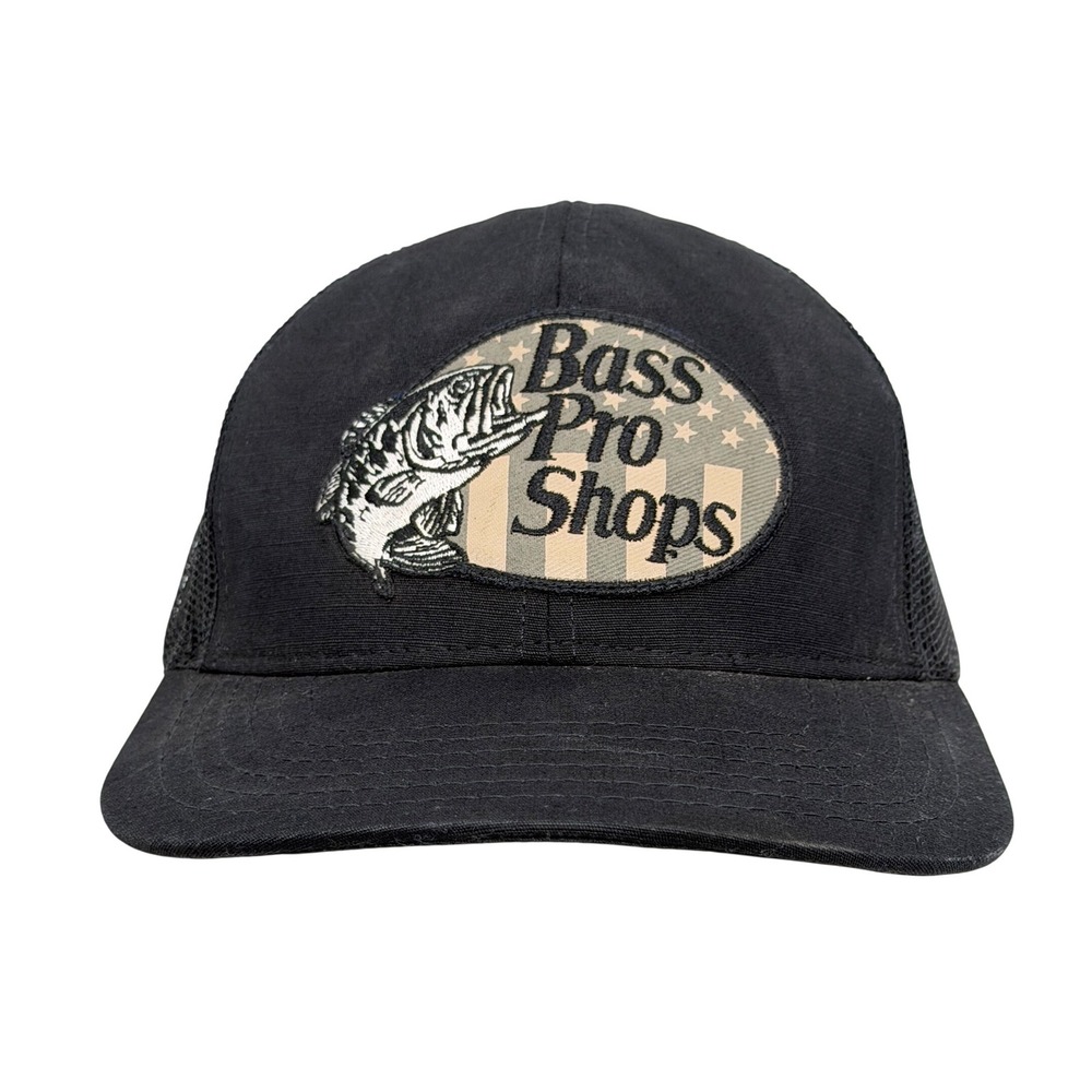 Bass Pro Shops Trucker Hat Black Mesh Snapback Made in USA American Flag Patch